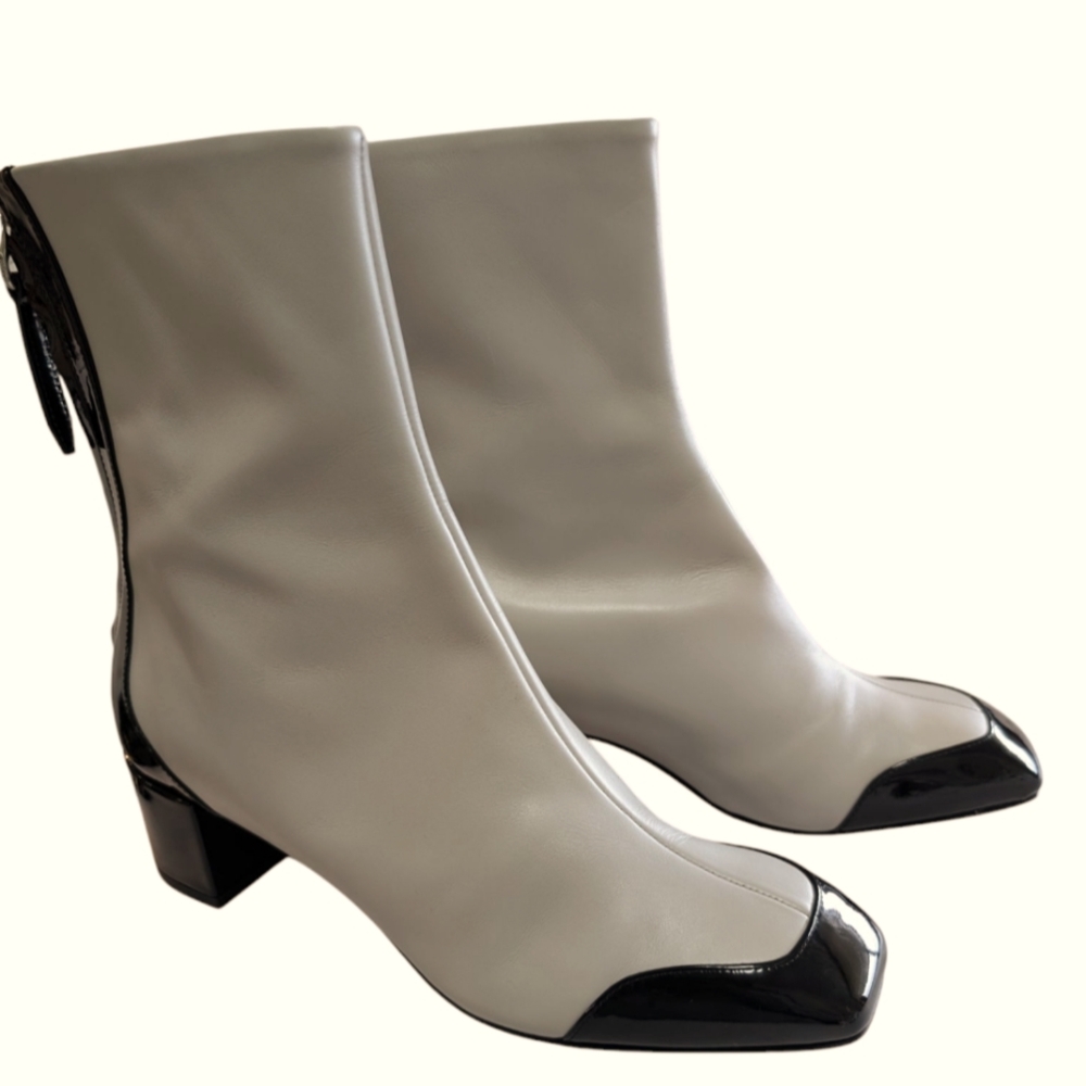 Aeyde Suki Cream and  Black Low Heel Boot with Textured Fabric.... Size 7